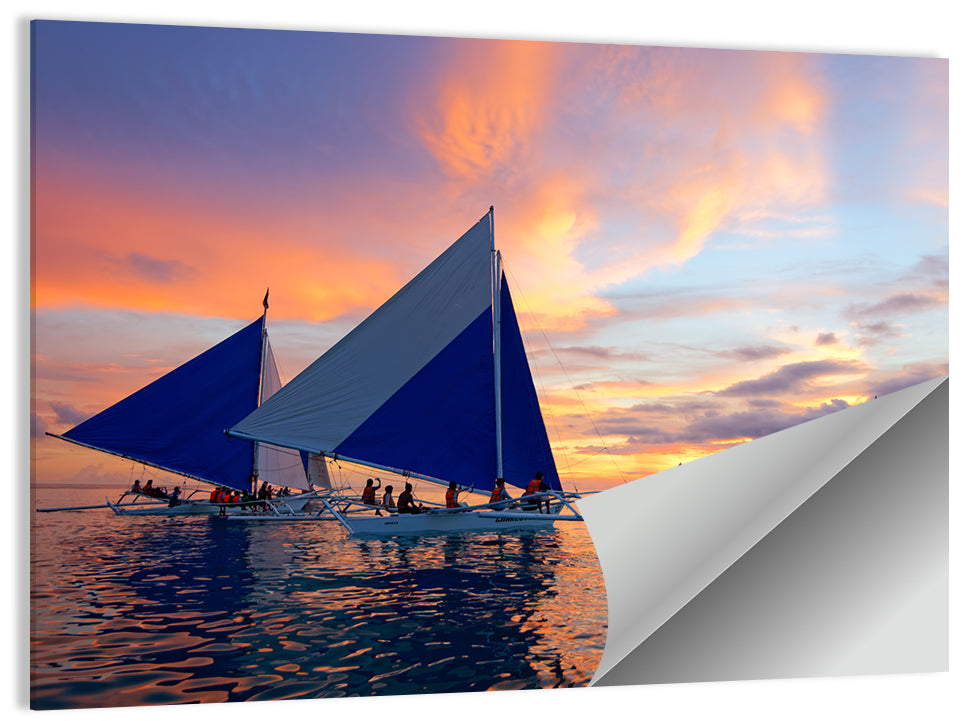 Outrigger Sailboats at Sunset Wall Art