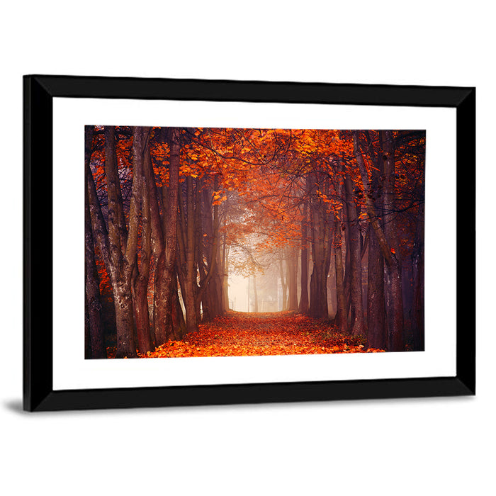 Misty Autumn Forest Path Wall Art as a framed print