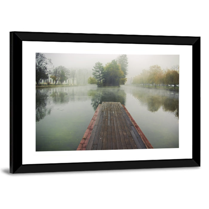 Wooden Pier on Foggy Lake Wall Art as a framed print
