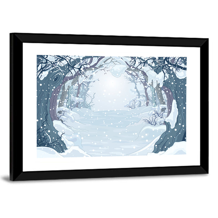 Winter Forest Path Illustration Wall Art as a framed print
