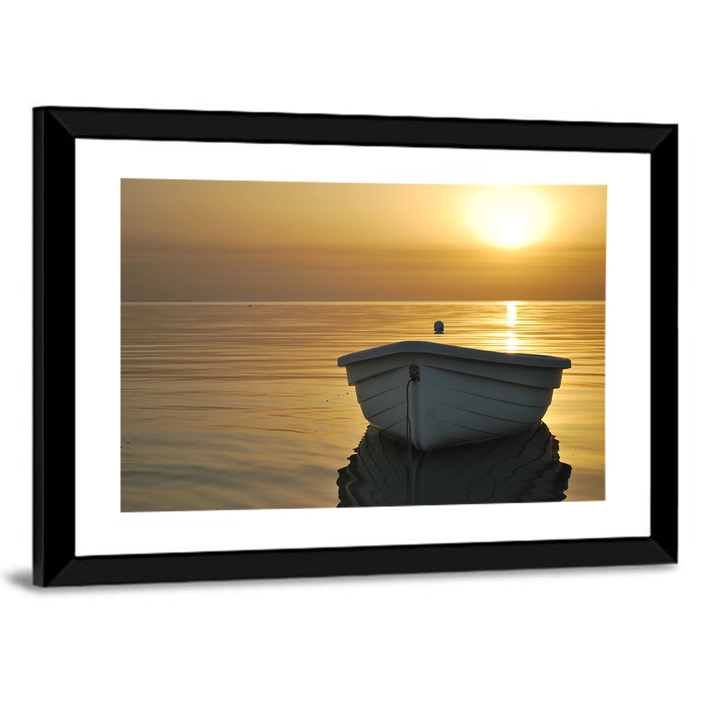 White Rowboat on Golden Sea Wall Art
