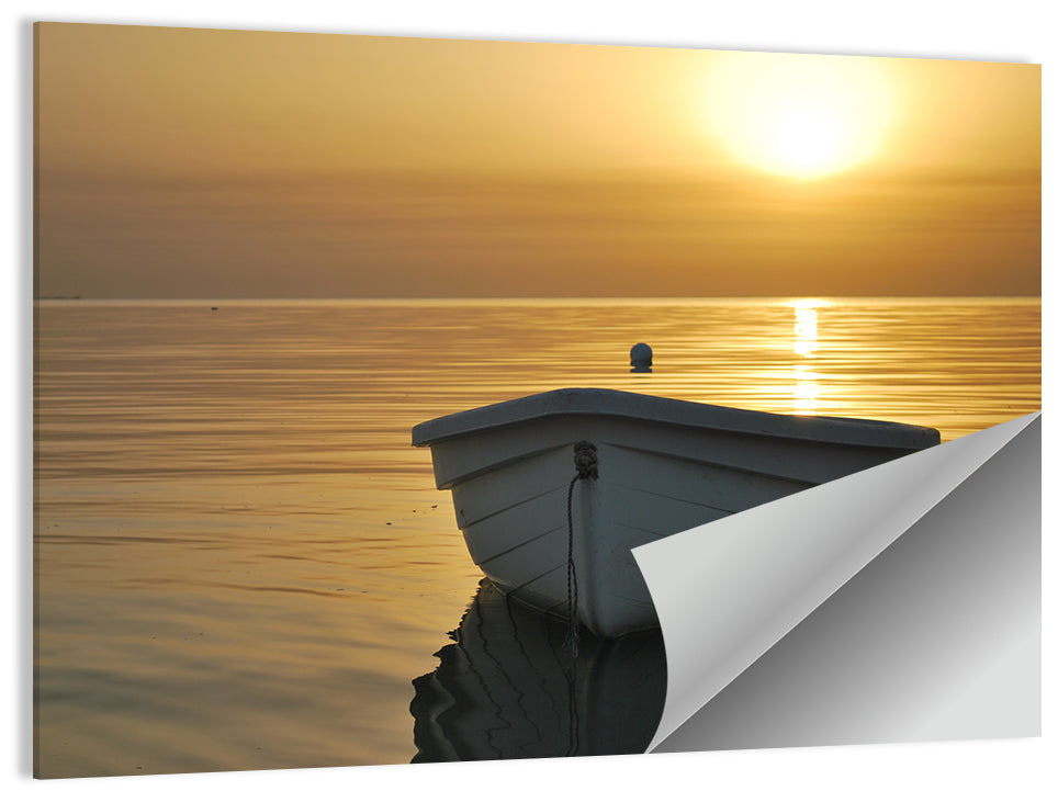 White Rowboat on Golden Sea Wall Art