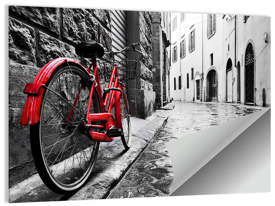 Red Bicycle on Rainy Cobblestone Street Wall Art