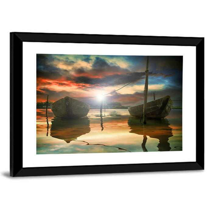 Two Wooden Boats at Sunset Wall Art as a framed print