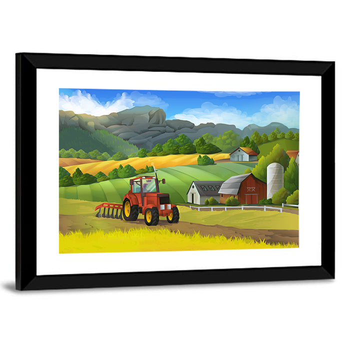 Red Tractor Farm Landscape Wall Art as a framed print