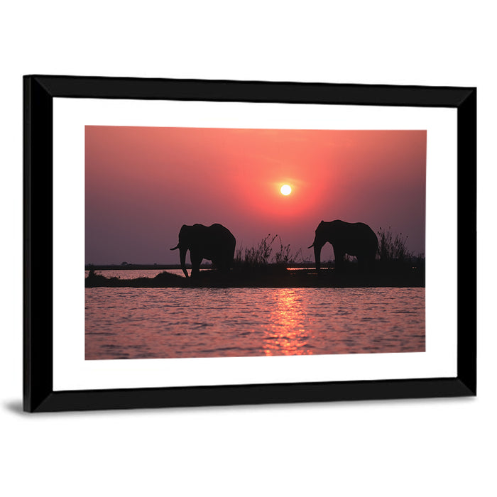 Elephants at Sunset Silhouette Wall Art as a framed print