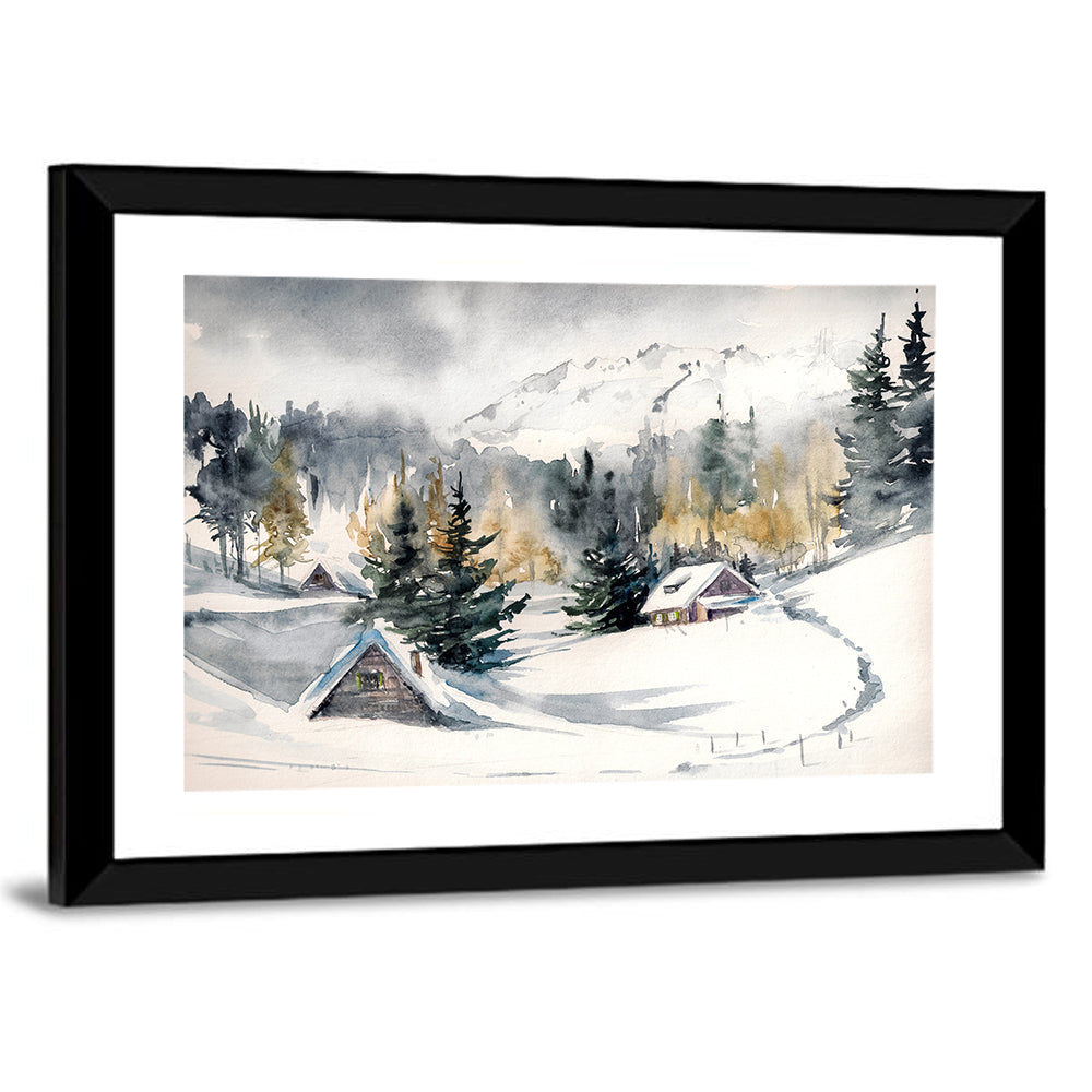 Snowy Mountain Village Watercolor Wall Art