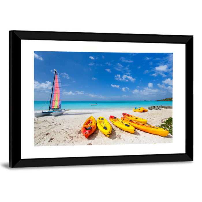 Yellow Kayaks on Tropical Beach Wall Art as a framed print