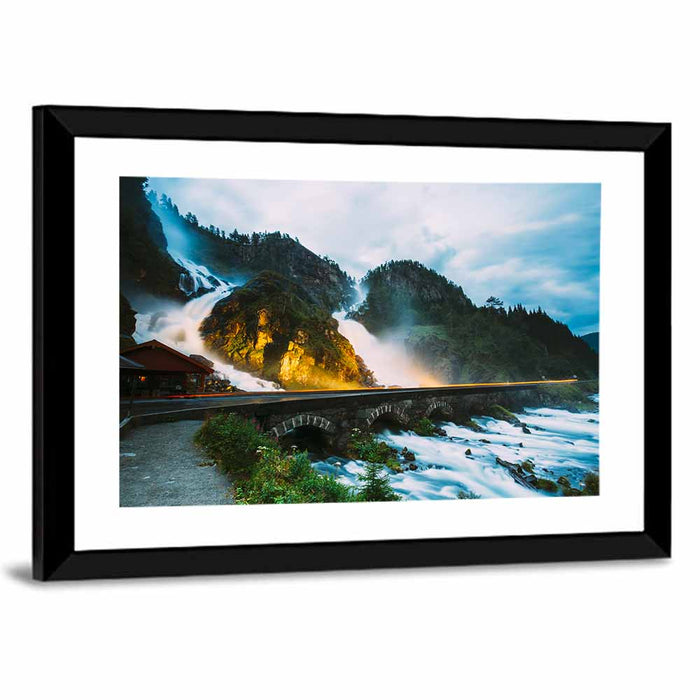 Låtefossen Waterfall at Twilight Wall Art as a framed print