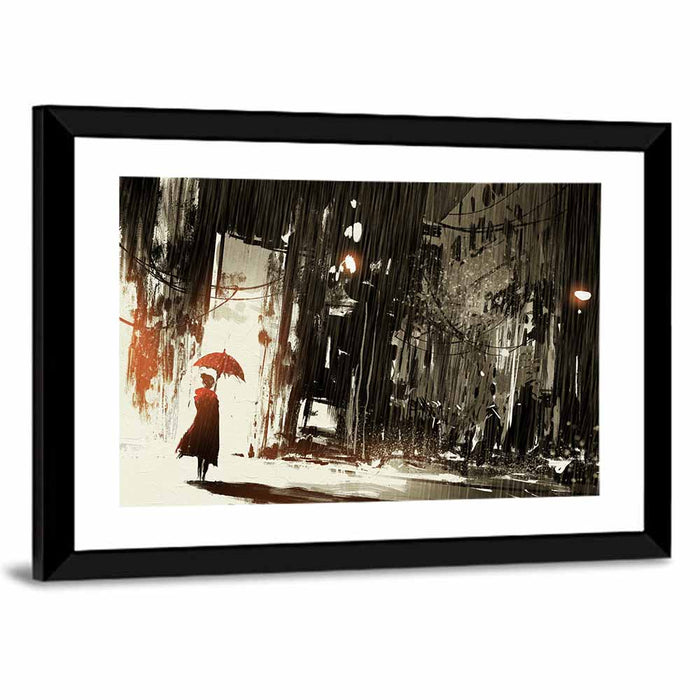 Woman with Umbrella on Rainy Street Wall Art as a framed print