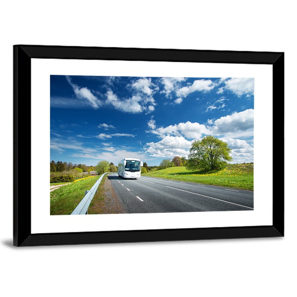 White Bus on Meadow Road Wall Art
