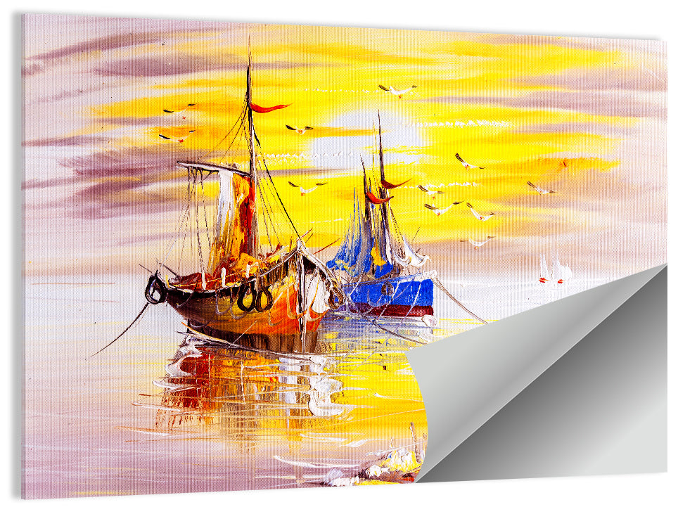 Golden Sunset Sailing Boats Wall Art