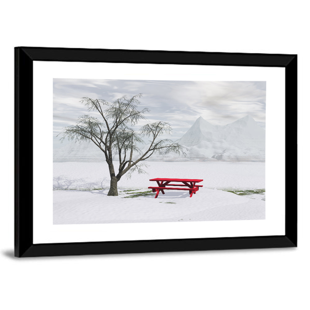 Red Picnic Table in Winter Park Wall Art