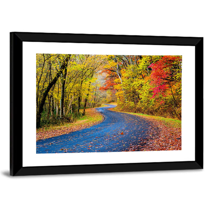 Wet Autumn Road Wall Art as a framed print