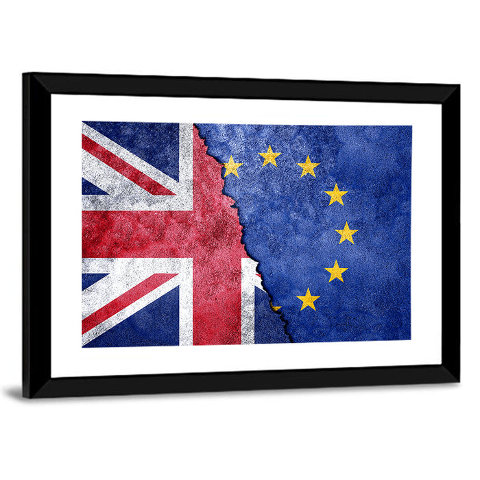 Divided Union Jack and Eu Flag Wall Art as a framed print