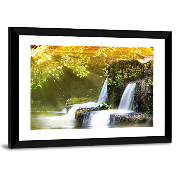 Sunlit Forest Waterfall Wall Art as a framed print