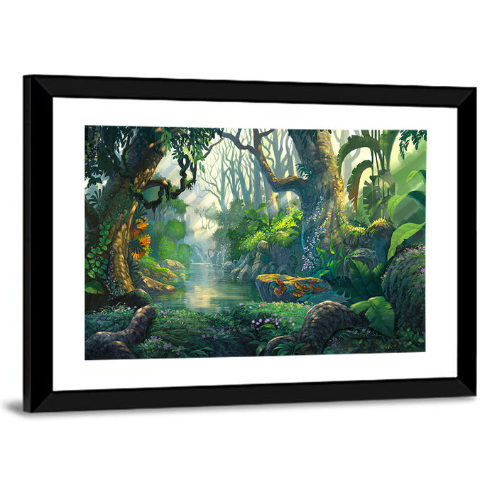 Sunlit Jungle River Wall Art as a framed print