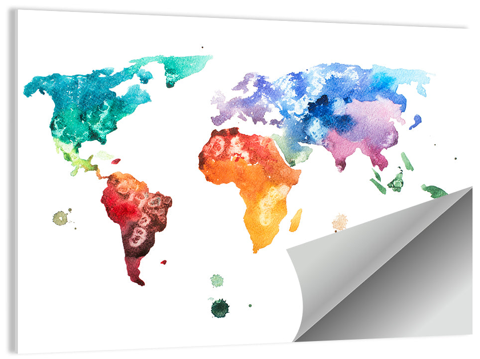 Multicolor Watercolor World Map Wall Art