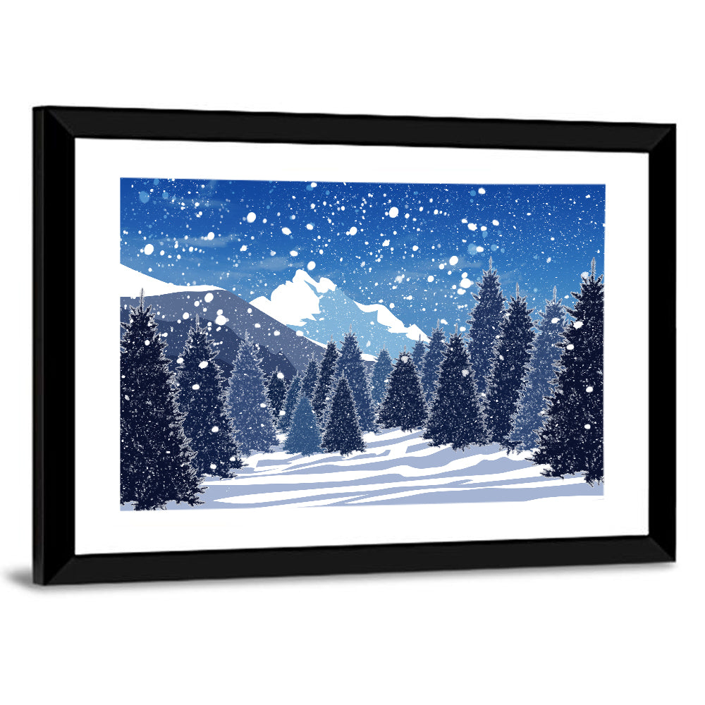 Snowy Evergreen Forest Illustration Wall Art