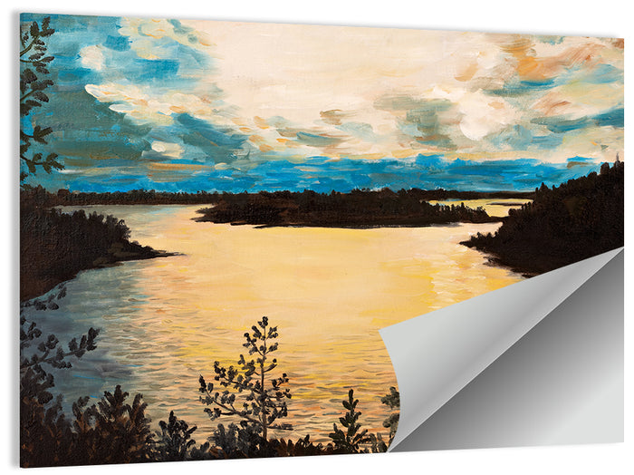 Golden Lake Sunset Painting Wall Art as a poster print