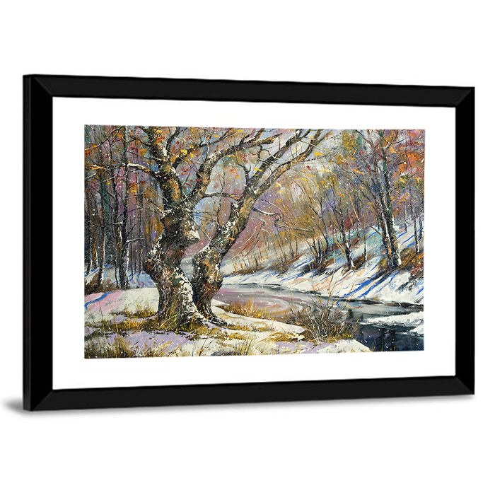 Frozen River in Winter Woodland Wall Art as a framed print