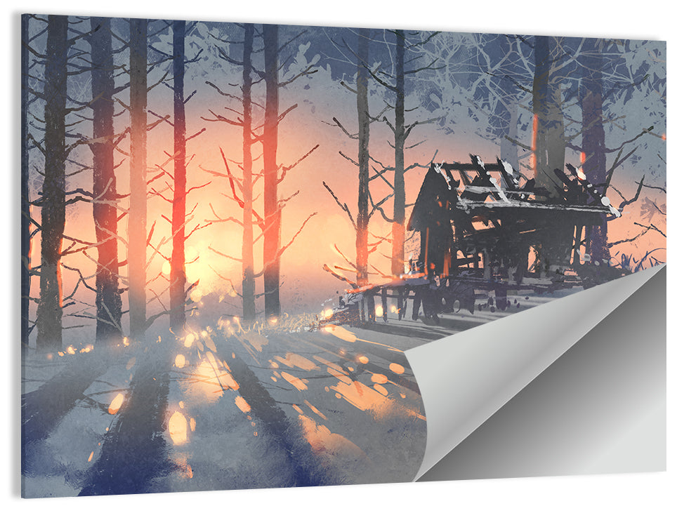 Snowy Forest Cabin at Sunset Wall Art