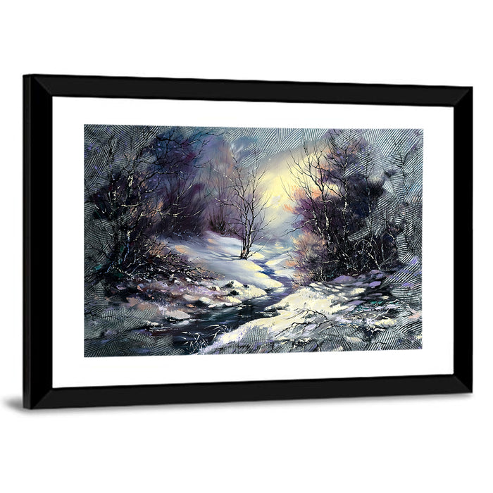 Sunlit Frozen Stream in Winter Forest Wall Art as a framed print