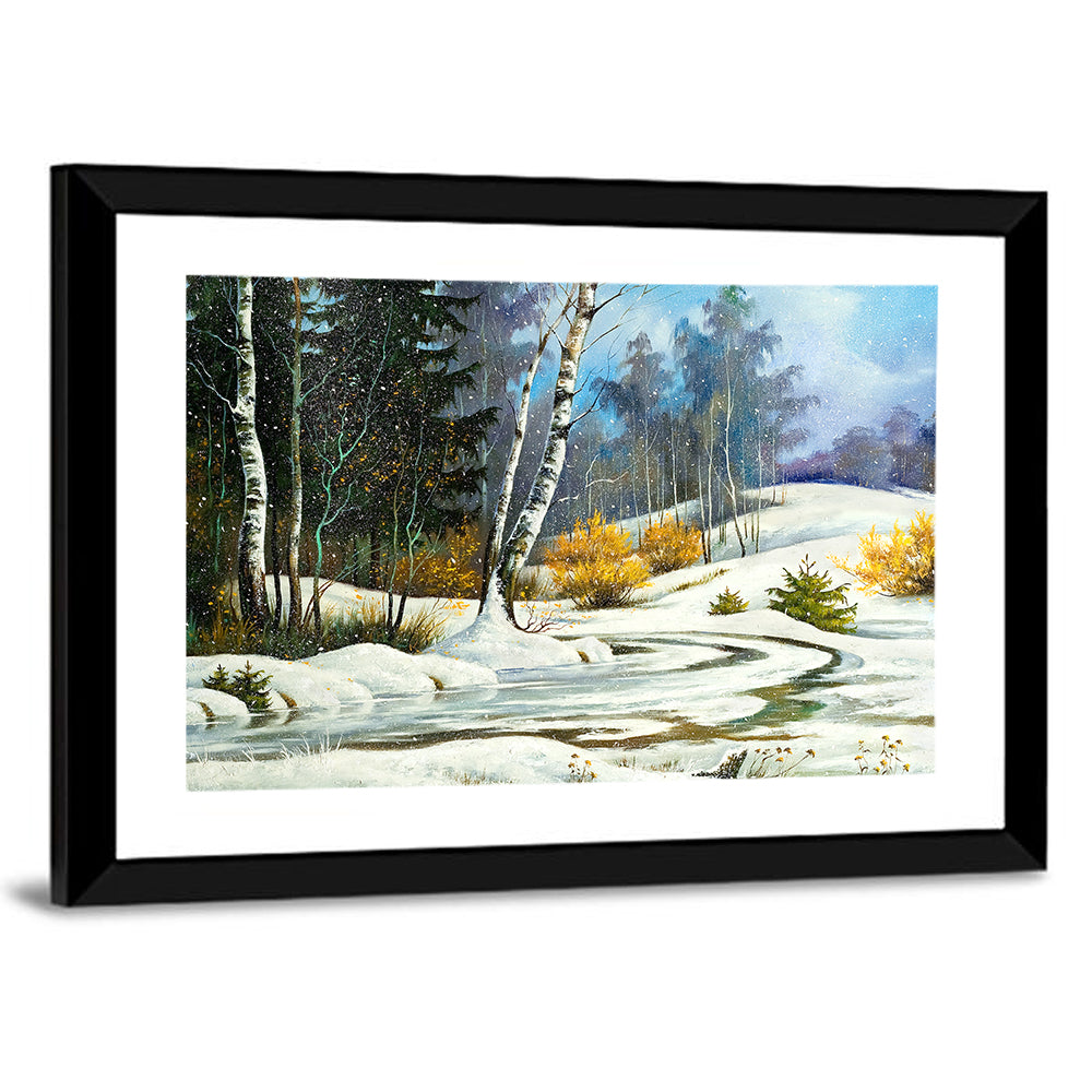 Birch Trees and Frozen Creek Landscape Wall Art