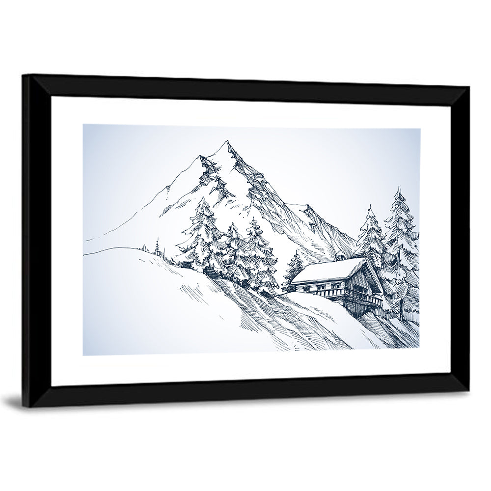 Snowy Mountain Cabin Sketch Wall Art