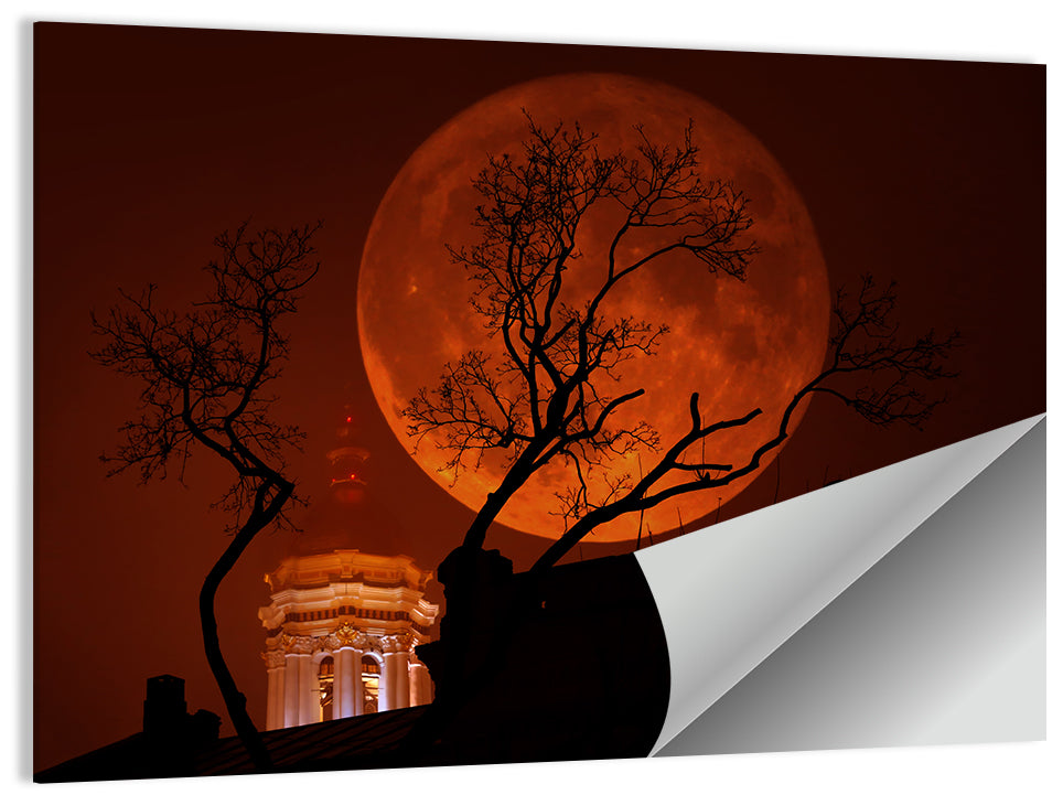 Haunted Supermoon Over Church Spire Wall Art