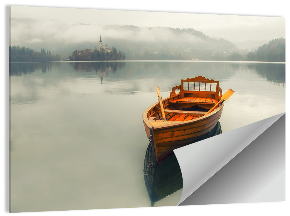Wooden Boat on Misty Lake Bled Wall Art