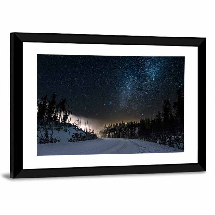 Snowy Road Under Milky Way Wall Art as a framed print