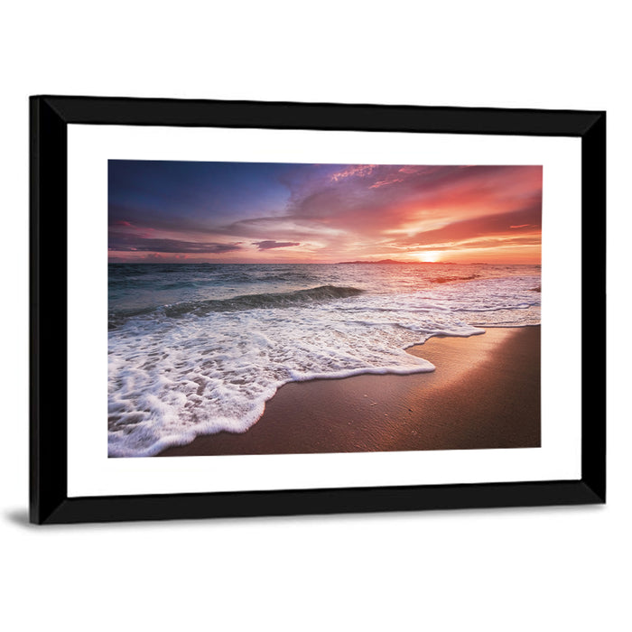 Thai Sunset Over Foamy Shore Wall Art as a framed print