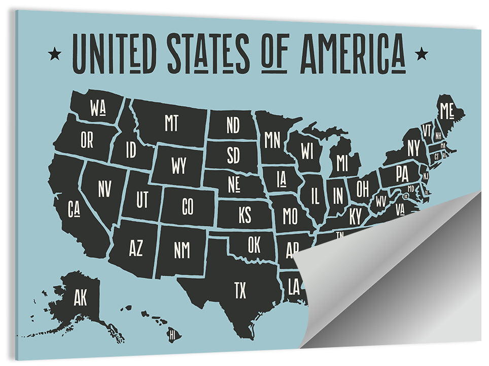 Minimalist USA Map with State Abbreviations Wall Art