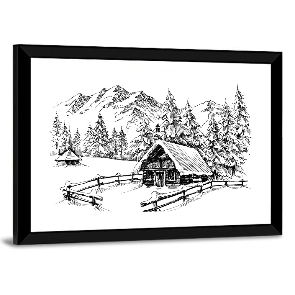 Snow-covered Mountain Cabin Wall Art