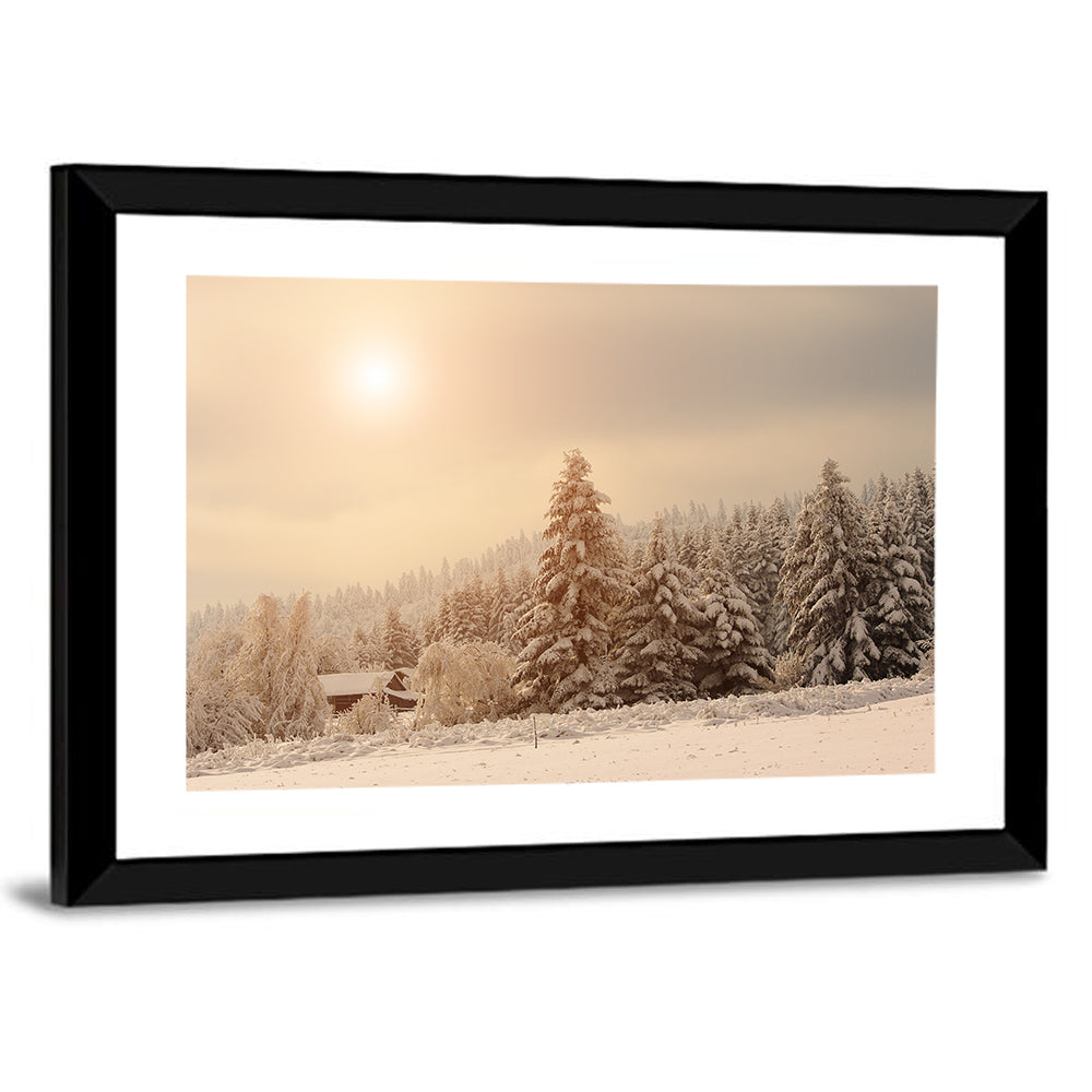 Snowy Pine Forest at Golden Hour Wall Art