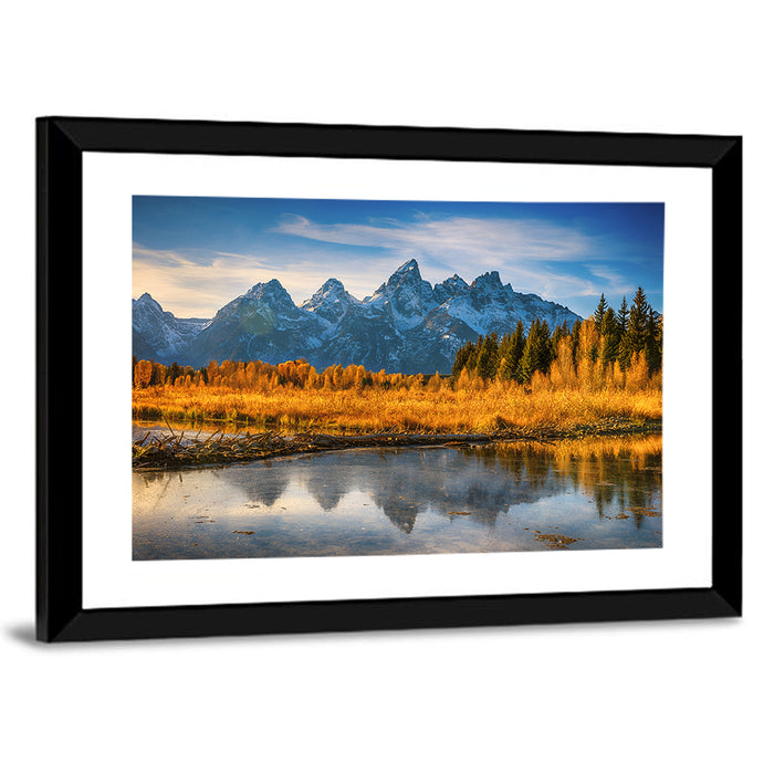 Grand Tetons Golden Reflection Wall Art as a framed print