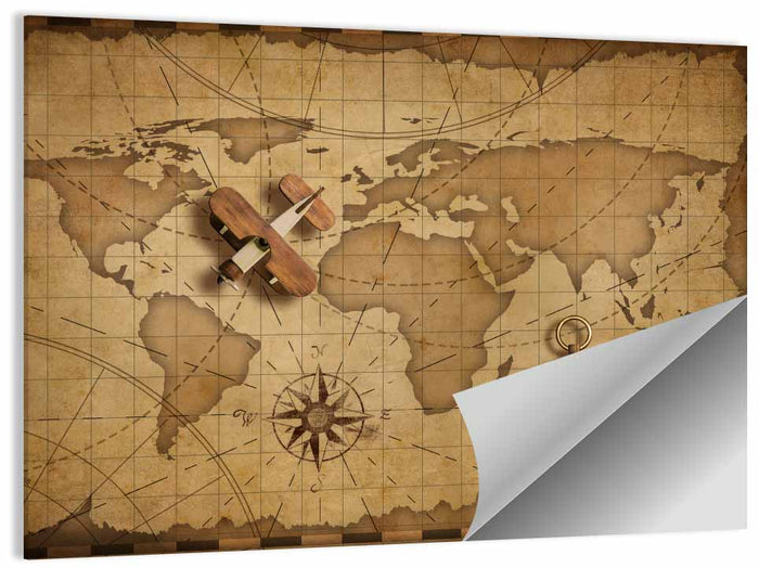 Retro Map with Biplane and Compass Wall Art as a poster print