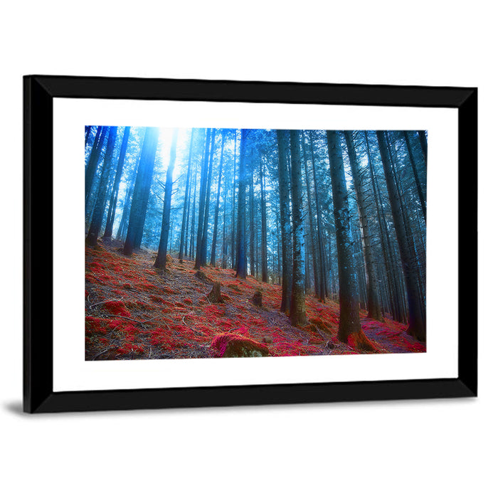 Enchanted Red Moss Forest Wall Art as a framed print