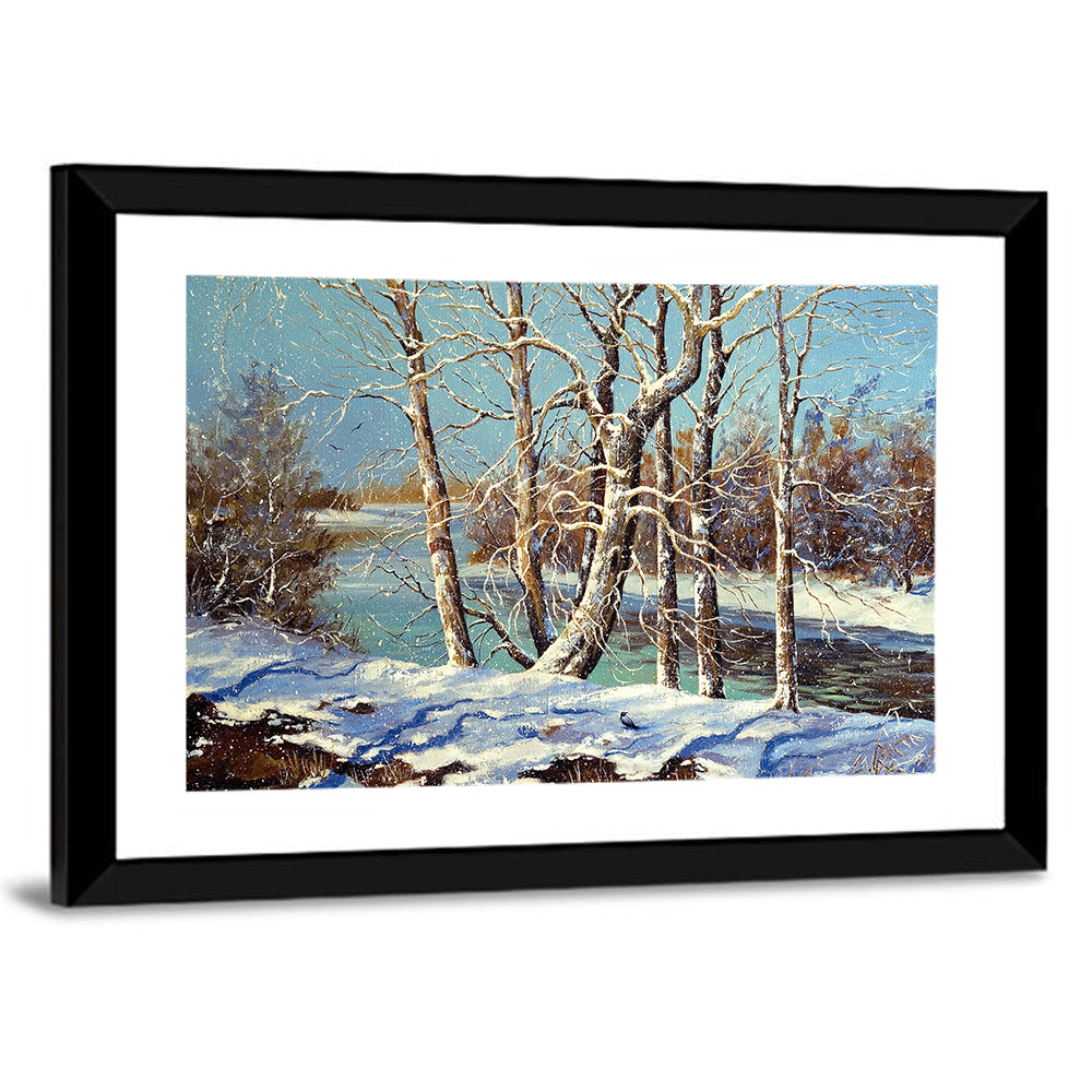 Trees Along River Winter Landscape Wall Art