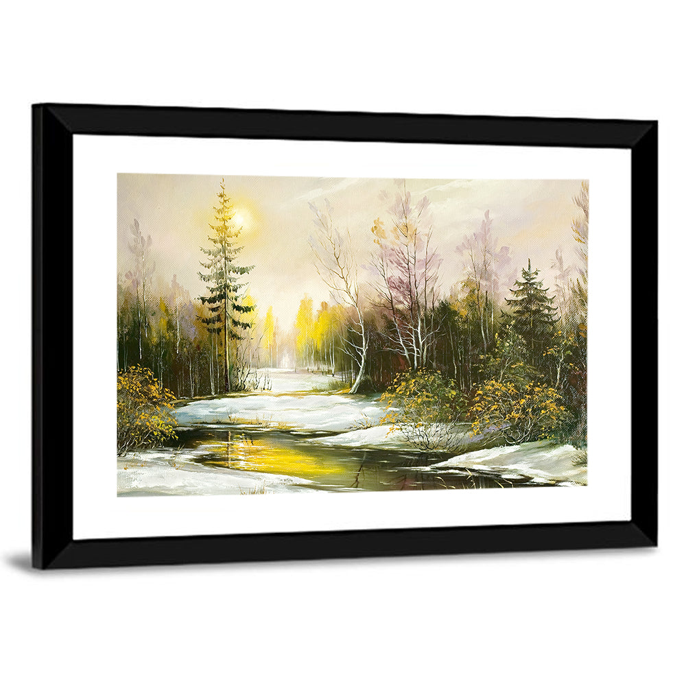 Sunlit Winter River Landscape Wall Art
