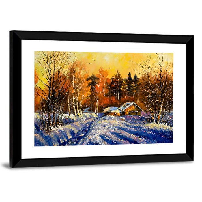 Winter Cottage Sunset Wall Art as a framed print