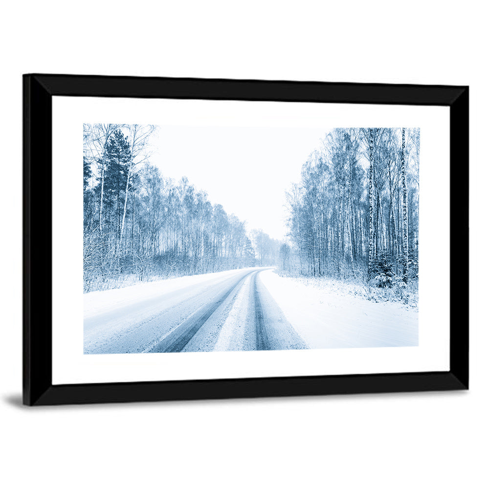 Tire Tracks on Snowy Road Wall Art