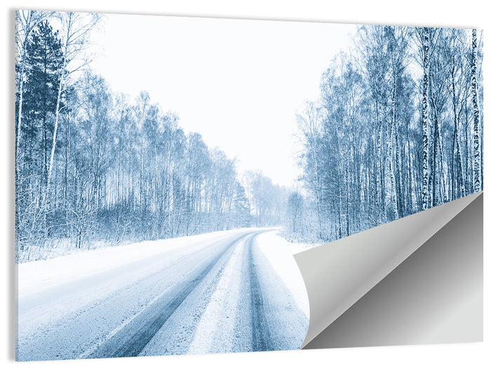 Tire Tracks on Snowy Road Wall Art as a poster print