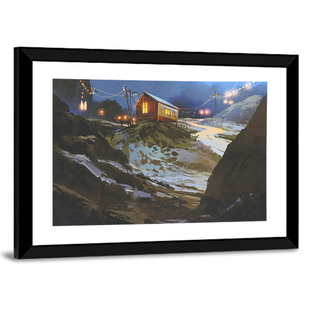 Wooden Cabin in Snowy Mountains Wall Art