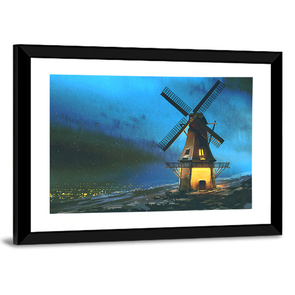 Seaside Windmill at Night Wall Art