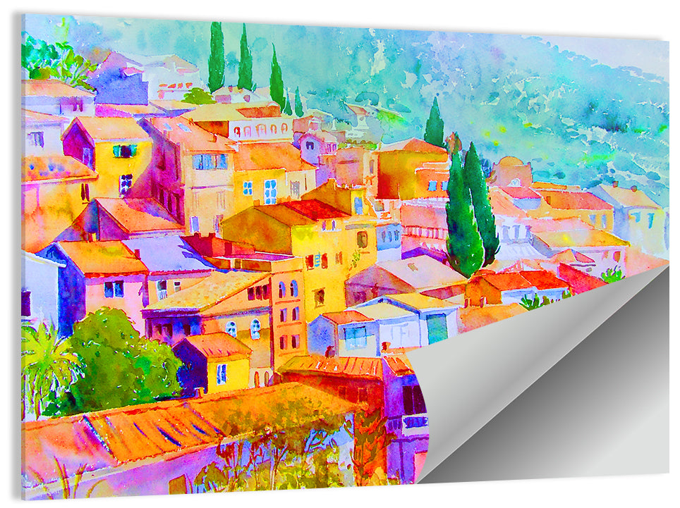 Mediterranean Hillside Watercolor Village Wall Art