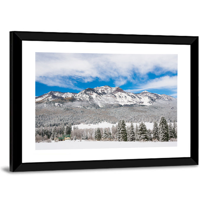 Colorado Snowy Mountain Cabin Wall Art as a framed print