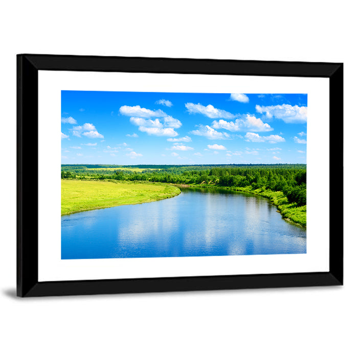 Blue River Meadow Wall Art as a framed print