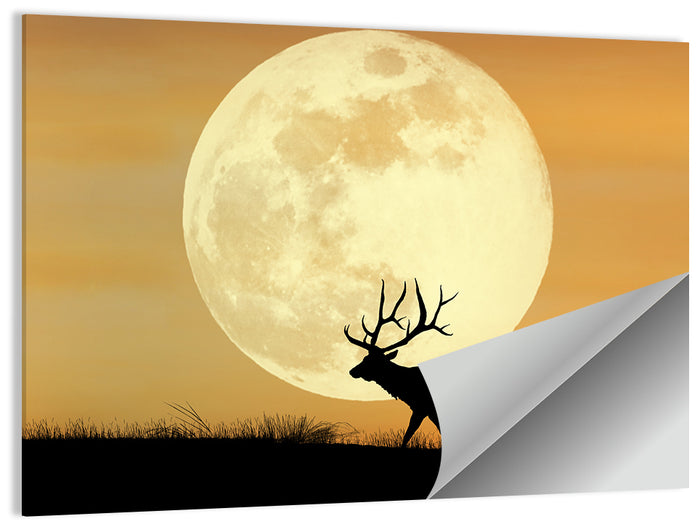 Bull Elk Silhouette Under Supermoon Wall Art as a poster print
